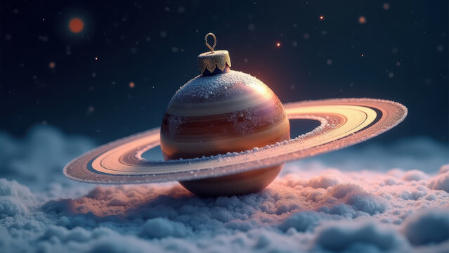 Miniature ornament-ball planet in outer space, rings made of snow instead of Saturn's rings, stars and nebulae in the background, cosmic realism, saturated colors