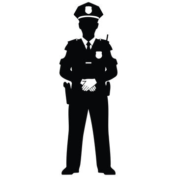 Police officer standing vector silhouette illustration wearing security guard uniform.