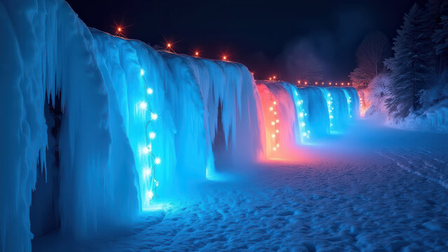 Frozen waterfall lit from within by colorful garland lights, blue ice with veins of red and gold light