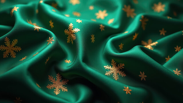 Flowing emerald silk fabric woven with gold snowflakes, drapery billowing in the air, studio lighting, luxurious texture