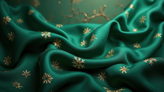 Flowing emerald silk fabric woven with gold snowflakes, drapery billowing in the air, studio lighting, luxurious texture