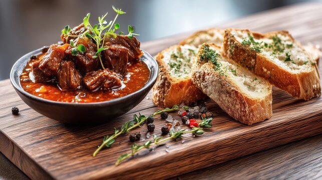 Czech beef goulash presented on a dark reclaimed wood serving board, rustic bread slices