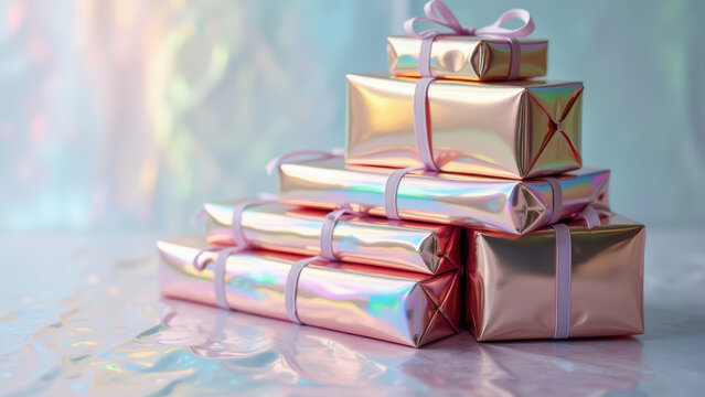 Holographic wrapping paper shifting rainbow colors when turned, wrapped gifts stacked in a pyramid, metallic shine