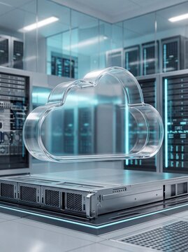 Transparent cloud icon floating above server rack in data center room with server equipment modern cloud symbol hovering cloud computing metal server web hosting