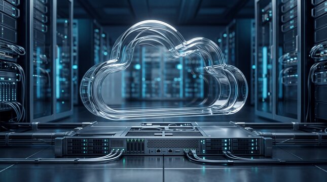 A transparent glass cloud icon floating above a server rack inside a modern data center with floats above computer filled server racks server dark room symbol floats