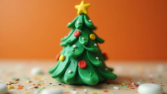 Claymation-style clay figure of a Christmas tree with textured clay strokes, bright saturated colors, soft shadows