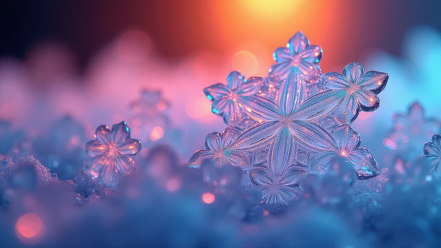 Salt and sugar crystals under a microscope forming perfect hexagonal snowflakes, rainbow-colored backlight