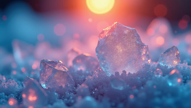 Salt and sugar crystals under a microscope forming perfect hexagonal snowflakes, rainbow-colored backlight