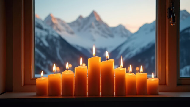Candles of varying heights forming the silhouette of a mountain range, flames flickering gold, real snowy mountains visible through a window