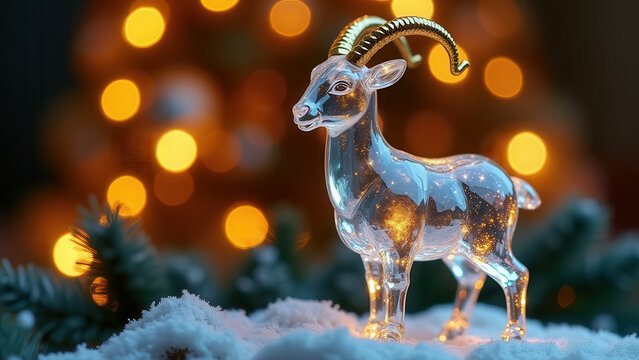 Crystal goat figurine standing beneath a decorated Christmas tree, faceted glass catching colorful bokeh lights, golden horns glowing, macro shot, luxurious New Year still life