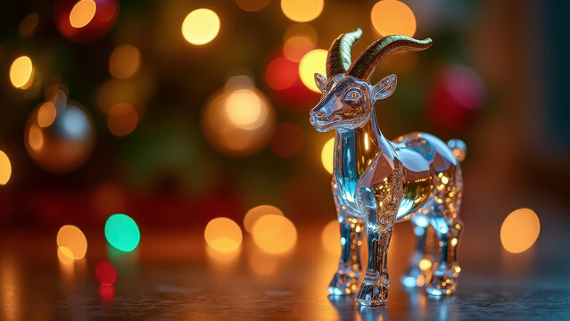 Crystal goat figurine standing beneath a decorated Christmas tree, faceted glass catching colorful bokeh lights, golden horns glowing, macro shot, luxurious New Year still life