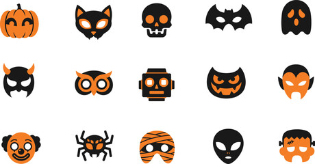 Obraz premium A vibrant collection of halloween masks featuring pumpkins black cats scary skulls spooky bats and other creepy creatures
