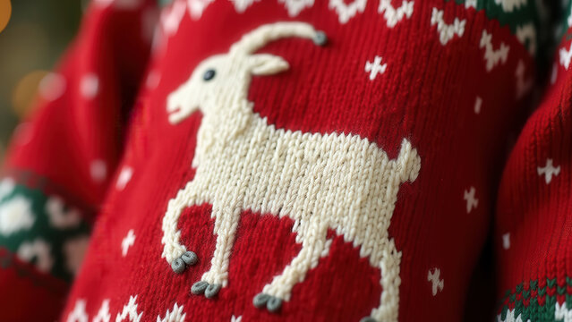 Embroidered folk-art goat pattern on a knitted Christmas sweater texture, close-up macro, cozy red and cream wool fibers