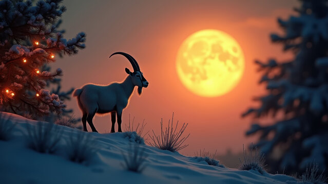 Silhouette of a goat standing atop a snowy hill under a giant glowing New Year's moon, string lights draped across pine branches
