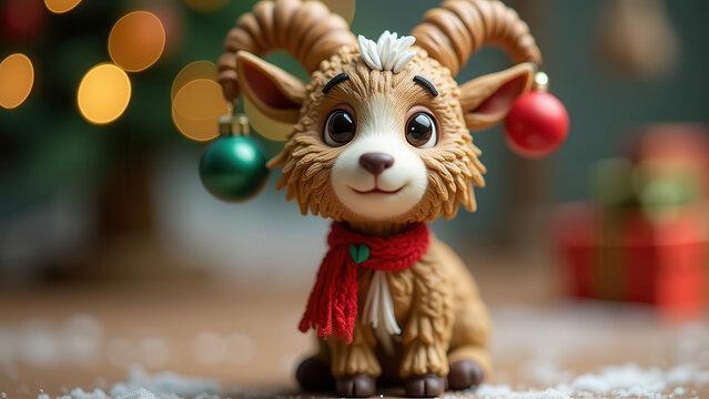 Claymation-style goat figure decorated with tiny Christmas ornaments, textured clay strokes, bright saturated colors