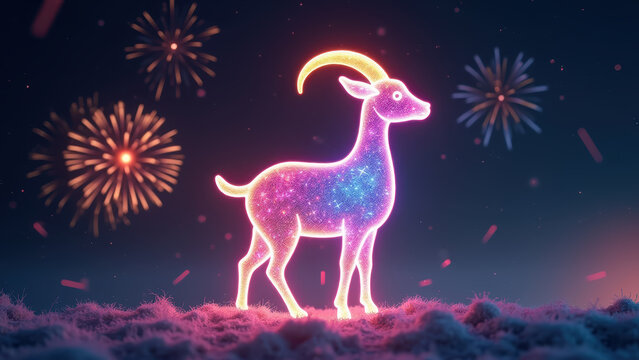 Holographic goat silhouette shimmering with rainbow light against a starry New Year's Eve sky, fireworks bursting in the background, futuristic aesthetic