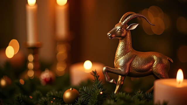 Golden goat statuette on a mantelpiece surrounded by Christmas garland and candles, warm bokeh lighting, luxury interior still life