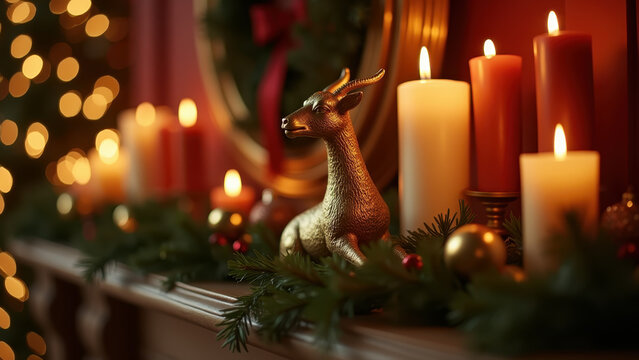 Golden goat statuette on a mantelpiece surrounded by Christmas garland and candles, warm bokeh lighting, luxury interior still life