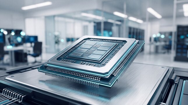 A high performance computer processor chip mounted on a circuit board in a server room with detailed microchip processor sits metallic motherboard inside modern technology data center