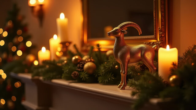 Golden goat statuette on a mantelpiece surrounded by Christmas garland and candles, warm bokeh lighting, luxury interior still life