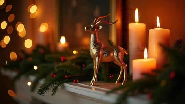 Golden goat statuette on a mantelpiece surrounded by Christmas garland and candles, warm bokeh lighting, luxury interior still life
