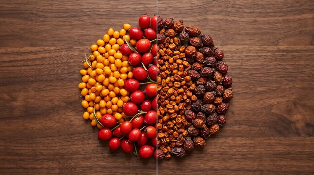 Autumn Berries Split View: Fresh and Dehydrated Sea Buckthorn, Rose Hips