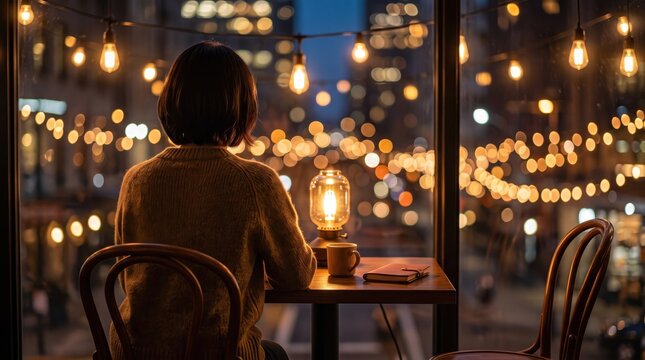 Woman sitting alone at cafe table by window looking at city lights at night, cozy atmosphere with warm lamp, reflecting solitude, relaxation, urban lifestyle, and contemplation