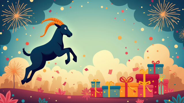 Flat design New Year banner with a goat silhouette jumping over a stack of gift boxes, confetti and fireworks