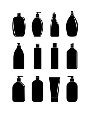 Set of shampoo bottle silhouettes with modern and classic shapes, flat vector packaging collection isolated on white background