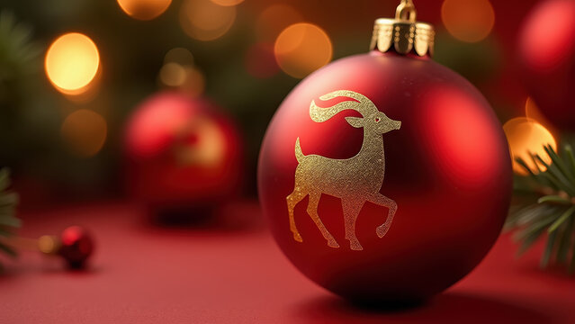 Shiny red Christmas ornament ball with a golden goat engraving, macro product photography, festive bokeh background
