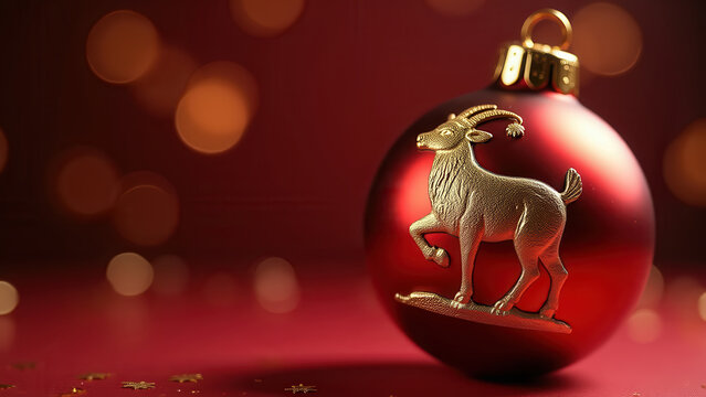 Shiny red Christmas ornament ball with a golden goat engraving, macro product photography, festive bokeh background