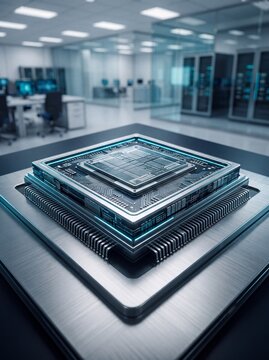 Close up view of a futuristic microprocessor chip resting on a metal surface in a blurred modern server room environment with circuitry sits metallic glowing blue circuitry