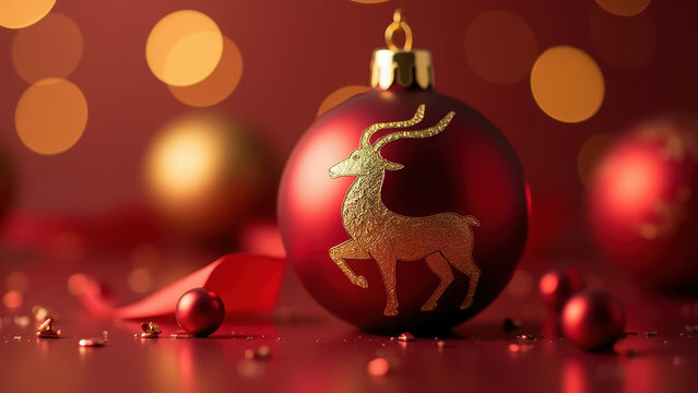 Shiny red Christmas ornament ball with a golden goat engraving, macro product photography, festive bokeh background