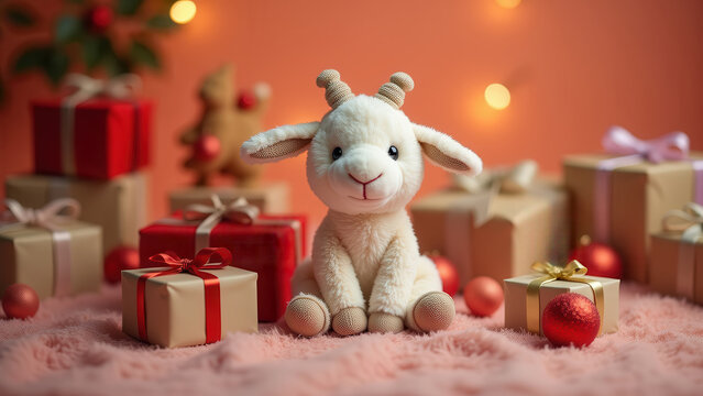 Cute plush toy goat sitting among wrapped Christmas gifts, soft fabric texture, warm cozy studio lighting, bright saturated colors