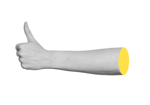 Grayscale left wrist stretched sideways with thumb pointing up enthusiastically. Monochrome arm