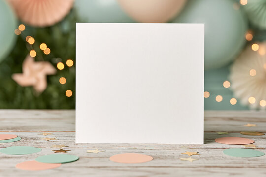 Blank White Greeting Card Mockup On Wooden Table With Festive Pastel Party Bokeh