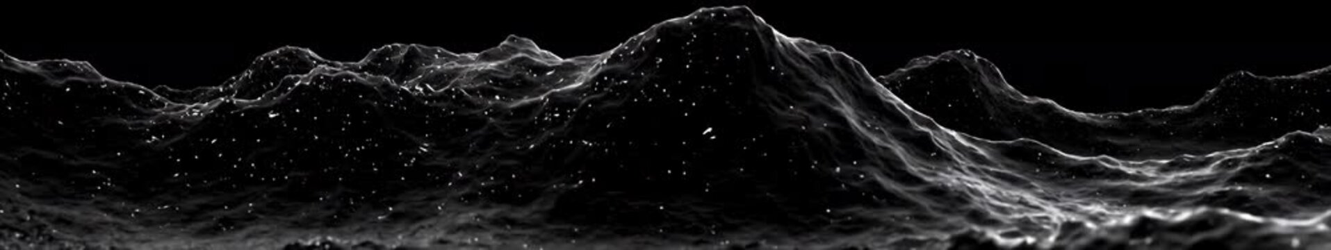 Widescreen Looped Animation of Glossy Black Liquid Waves with Silver Reflections and Dramatic Dark Surface