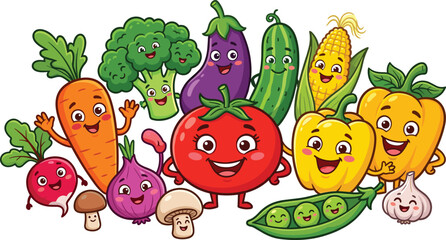 Fototapeta premium Colorful cartoon illustration of happy vegetables with smiling faces promoting healthy eating and organic food concept for children’s design