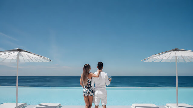 Rear view of a young couple standing beside a luxury infinity pool overlooking the calm blue sea, framed by white sun umbrellas and loungers under a clear summer sky