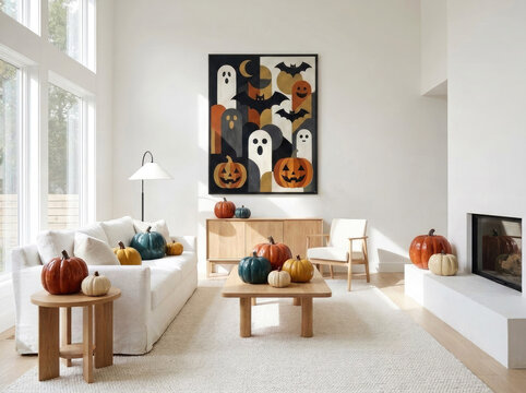 Bright modern living room decorated with colorful pumpkins, Halloween artwork, and cozy autumn accents, featuring a white sofa, fireplace, natural light, and minimalist interior design.