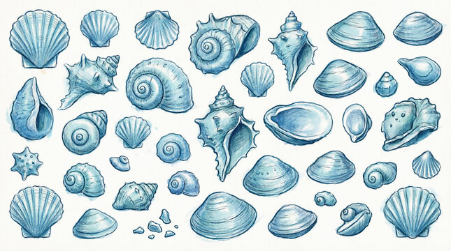 Blue pencil seashell sketches set of hand drawn ocean elements in monochrome watercolor style art.