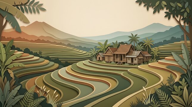 Paper craft rice terrace landscape with traditional village houses in tropical mountains