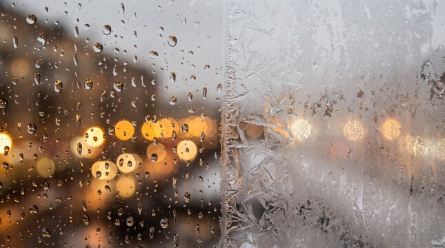 Split Window View Showing Rain Droplets and Frost Crystals