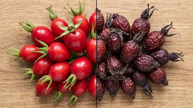 Fresh Bright Red and Dried Dark Rosehip Fruits on Wood Background
