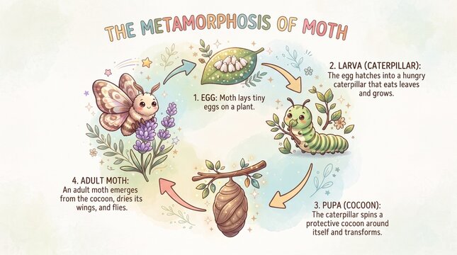 Educational Infographic Illustrating the Biological Lifecycle Stages of a Moth from Egg to Larva Pupa and Mature Insect Transformation