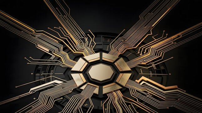 Radial electronic circuit board network with golden processor chip on dark background