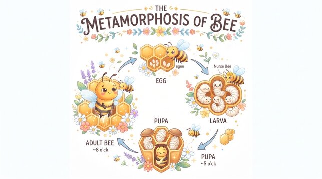 A charming and educational infographic illustrating the complete metamorphosis and fascinating life cycle of a honey bee, from egg to adult stages