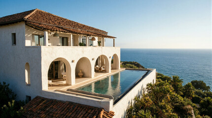 Fototapeta premium Terracotta tile roof and white stucco exterior of luxury coastal villa with infinity pool overlooking ocean