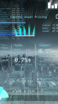 Animation of financial data processing over cityscape