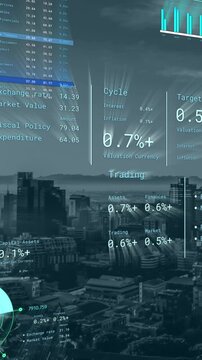 Animation of financial data processing over cityscape